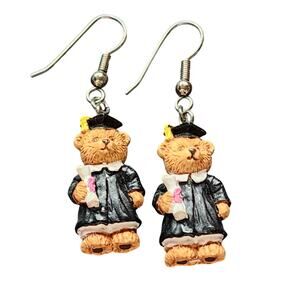 Graduation Teddy Bear Earrings With Diploma Drop Silver Toned Fishhook Novelty